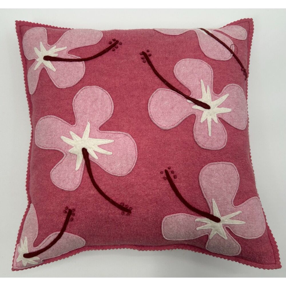 Hable Construction Wool Felt Applique Goose Filled Pillow 13x13 Pink